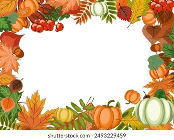 autumn frame, a lot of bright fallen leaves, ripe pumpkins and rowan berries in border with a empty center. colorful vector illustration on an autumn theme