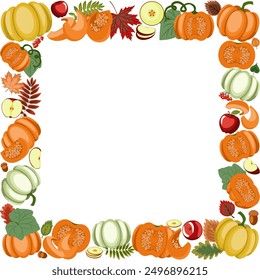 autumn frame, a lot of bright fallen leaves, ripe pumpkins, red apples and rowan berries in border with a empty center. colorful vector illustration on an autumn theme. isolated on white