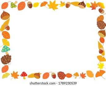 Autumn frame of chestnuts, acorns, and colored leaves