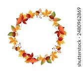 Autumn frame in circle shape on white isolated background. Leaves and mushrooms.