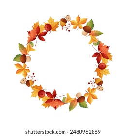 Autumn frame in circle shape on white isolated background. Leaves and mushrooms.