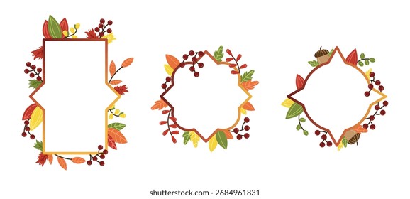 Autumn frame in circle shape on white isolated background. Leaves, berries and acorns.