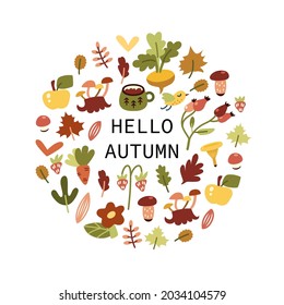 Autumn frame. Colored frame with bright leaves, flowers, mushrooms and other symbols of autumn. Design for postcards.
