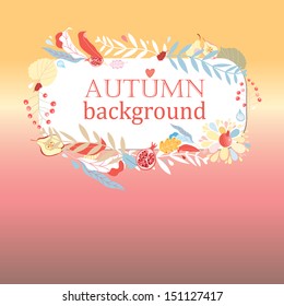 autumn frame with colored text on a background of leaves and fruit 