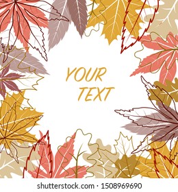 Autumn frame with colorful and contour outline leaves. Vector illustration of autumn composition. Autumn, fall concept.