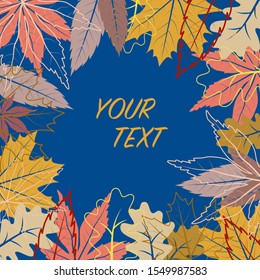 Autumn frame with colorful and contour outline maple oak rowan leaves. Vector illustration of autumn composition. Autumn, fall concept.