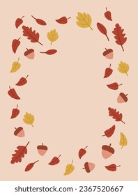 Autumn frame with colorful leaves, acorns. Autumn leaves round frame. Invitation background, autumn leaves background, perfect for postcard design