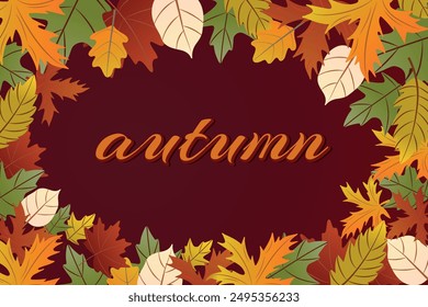 Autumn frame of colorful leaves on a bright burgundy background. Autumn sale banner mockup, greeting card template. Flat lay, top view, minimalist style.