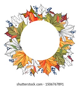 Autumn frame with colorful leaves, wild grope. Round frame for your autumn design, posters, banners, greeting cards, sale, invitation template. Vector illustration.