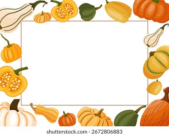 Marco de otoño con calabaza de colores. Ilustración vectorial para el Anuncio, tarjeta, Acción de Gracias. día de la cosecha. Hola otoño. Aislado sobre fondo blanco. 
