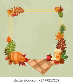 autumn frame, a composition of pumpkin, red apples, pumpkin latte coffee framed by bright fallen leaves and rowan berries with an empty center. colorful vector illustration on an autumn theme