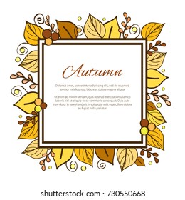 Autumn frame, consisting of two lines and leaves, floral decoration, headline and text samples on vector illustration isolated on white background