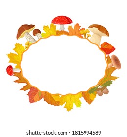 Autumn frame decorated with leaves, forest mushrooms, acorns. Design for greeting card, poster, flyer, web banner.