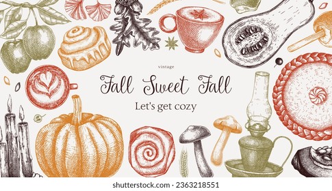 Autumn frame design template. Hand-drawn vector illustration in color. Pumpkin, hot drink, fruit, pie, pastry, fall leaves sketches. Thanksgiving background, banner, border