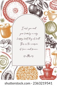 Autumn frame design template. Hand-drawn vector illustration. Pumpkin, hot drink, fruit, pie, vegetables, pastry, fall leaves sketches. Harvest banner n color. Thanksgiving background