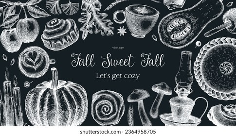 Autumn frame design template. Hand-drawn vector illustration on chalkboard. Pumpkin, hot drink, fruit, pie, pastry, fall leaves sketches. Thanksgiving background, banner, border