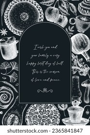Autumn frame design template. Hand-drawn vector illustration. Pumpkin, hot drink, fruit, pie, vegetables, pastry, fall leaves sketches. Harvest banner on chalkboard. Thanksgiving background