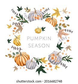 Autumn frame design template print with orange, yellow, gray pumpkin, maple leaves. Vector illustration. October harvest background. Organic vegetable garden food. Nature design. Fall season