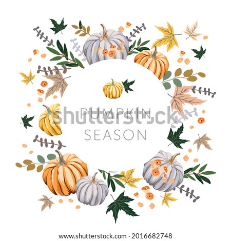 Autumn frame design template print with orange, yellow, gray pumpkin, maple leaves. Vector illustration. October harvest background. Organic vegetable garden food. Nature design. Fall season