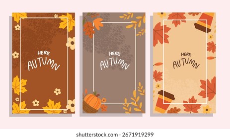 Quadros de outono desenhos com folhas abóboras e fundos quentes