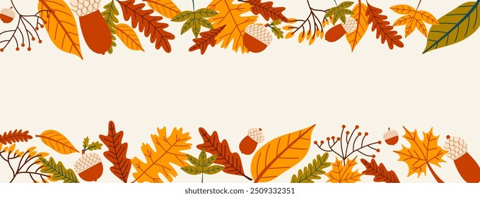 Herbstrahmen mit verschiedenen bunten Blättern. Herbstsaisongrenze mit Raumtext. Vektorgrafik. 