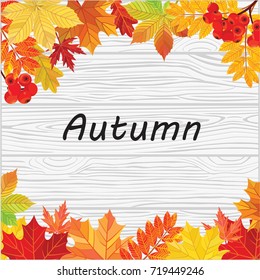 Autumn frame. Fall leaves on a wooden texture. Vector illustration.