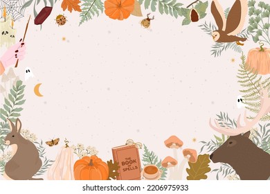 Marco otoñal con planta de caída, hoja, animales del bosque, calabaza, cosas mágicas. Ilustración vectorial editable.