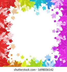 Autumn  frame with falling  maple leaves in rainbow colors on white background. Elegant design with text space and ideal balanced colors. Vector illustration.