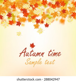 Autumn  Frame With Falling  Maple Leaves on Sky Background. Elegant Design with Rays of Sun and Ideal Balanced Colors. Vector Illustration.