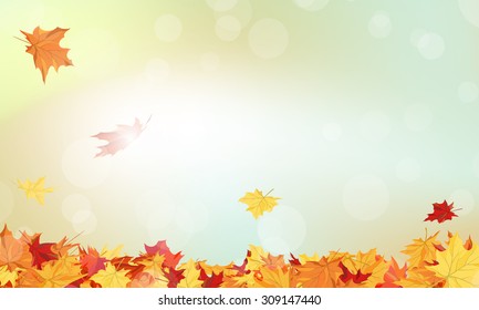  Autumn  Frame With Falling  Maple Leaves on Sky Background. Elegant Design with Rays of Sun. Vector Illustration.