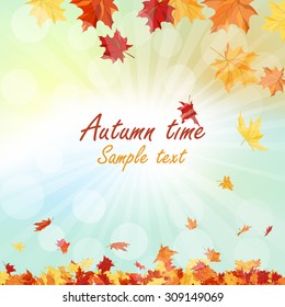 Autumn  Frame With Falling  Maple Leaves on Sky Background. Rays of Sun. Vector Illustration.