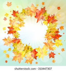 Autumn  Frame With Falling  Maple Leaves on Sky Background. Elegant Design with Rays of Sun and Ideal Balanced Colors. Vector Illustration.
