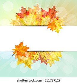 Autumn  Frame With Falling  Maple Leaves on Sky Background. Elegant Design with Rays of Sun and Ideal Balanced Colors. Vector Illustration.