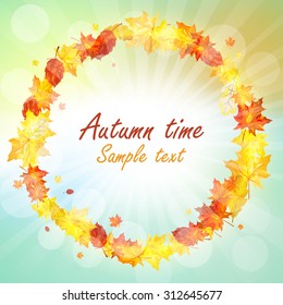 Autumn  Frame With Falling  Maple Leaves on Sky Background. Elegant Design with Rays of Sun and Ideal Balanced Colors. Vector Illustration.