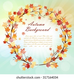 Autumn  Frame With Falling  Maple Leaves on Blue Sky Background. Elegant Design with Rays of Sun and Ideal Balanced Colors. Vector Illustration.