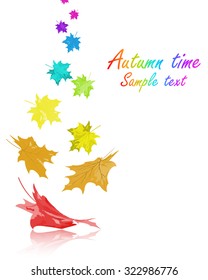 Autumn  frame with falling  maple leaves in rainbow colors on white background. Elegant design with text space and ideal balanced colors. Vector illustration.