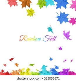 Autumn  frame with falling  maple leaves in rainbow colors on white background. Elegant design with text space and ideal balanced colors. Vector illustration.