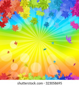 Autumn  frame with falling  maple leaves in rainbow colors and sun beams over rainbow background. Elegant design with ideal balanced colors. Vector illustration.