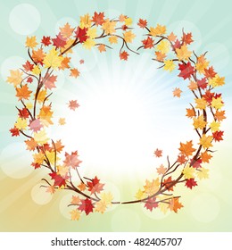 Autumn  Frame With Falling  Maple Leaves on Sky Background. Elegant Design with Rays of Sun and Ideal Balanced Colors. Vector Illustration.