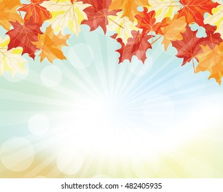 Autumn  Frame With Falling  Maple Leaves on Sky Background. Elegant Design with Rays of Sun and Ideal Balanced Colors. Vector Illustration.