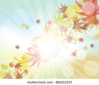 Autumn  Frame With Falling  Maple Leaves on Sky Background. Elegant Design with Rays of Sun and Ideal Balanced Colors. Vector Illustration.