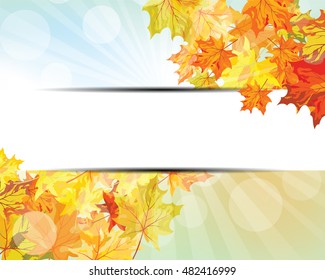 Autumn  Frame With Falling  Maple Leaves on Sky Background. Elegant Design with Rays of Sun and Ideal Balanced Colors. Vector Illustration.