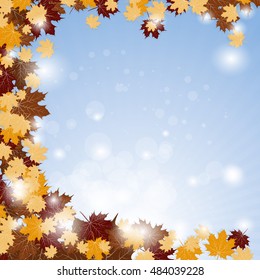Autumn Frame With Falling Maple Leaves on Sky Background. Rays of Sun. Vector. 