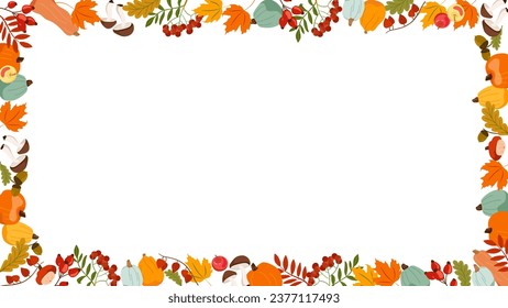 Autumn frame floral red yellow leaves and acorns Fall horizontal banner with cute hand drawn colourful pumpkins apples rowan border Vector illustration backdrop background for Thanksgiving Harvest Day