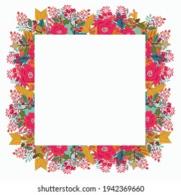 autumn frame with flowers and leaves - floral autumn border vector with white background high resolution