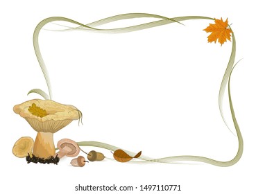 Autumn frame with forest mushrooms, acorns and autumn leaves on a white background