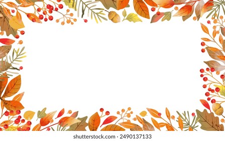 Autumn frame with hand drawn beautiful watercolor leaves and berries. Elegant background with falling leaf pattern. Vector illustration