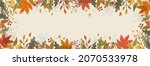 Autumn frame with hand drawn colorful leaves, berries, acorns.Thanksgiving and Harvest Day.Cute warm background with cozy elements leaf fall. Modern design background for horizontal banner