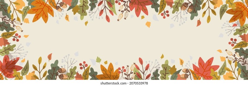 Herbstrahmen mit handgezeichnet bunten Blättern, Beeren, Eicheln. Ruhiger, warmer Hintergrund mit gemütlichen Elementen. Moderner Designhintergrund für horizontales Banner, Poster, Cover. Vektorgrafik