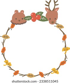 Autumn Frame illustration of bear, deer and fallen leaves